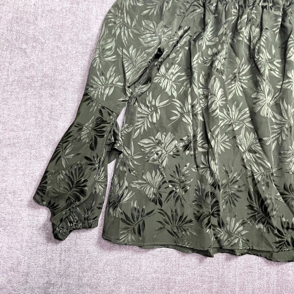 Michael Kors Blouse Top Womens Large Olive Green Floral Ruffle Sleeve Boat Neck - Picture 11 of 14